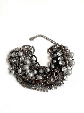 CHUNKY MULTI STRAND BRACELET GRAY FAUX PEARLS RHINESTONES METAL TONE CHAIN LINKS
